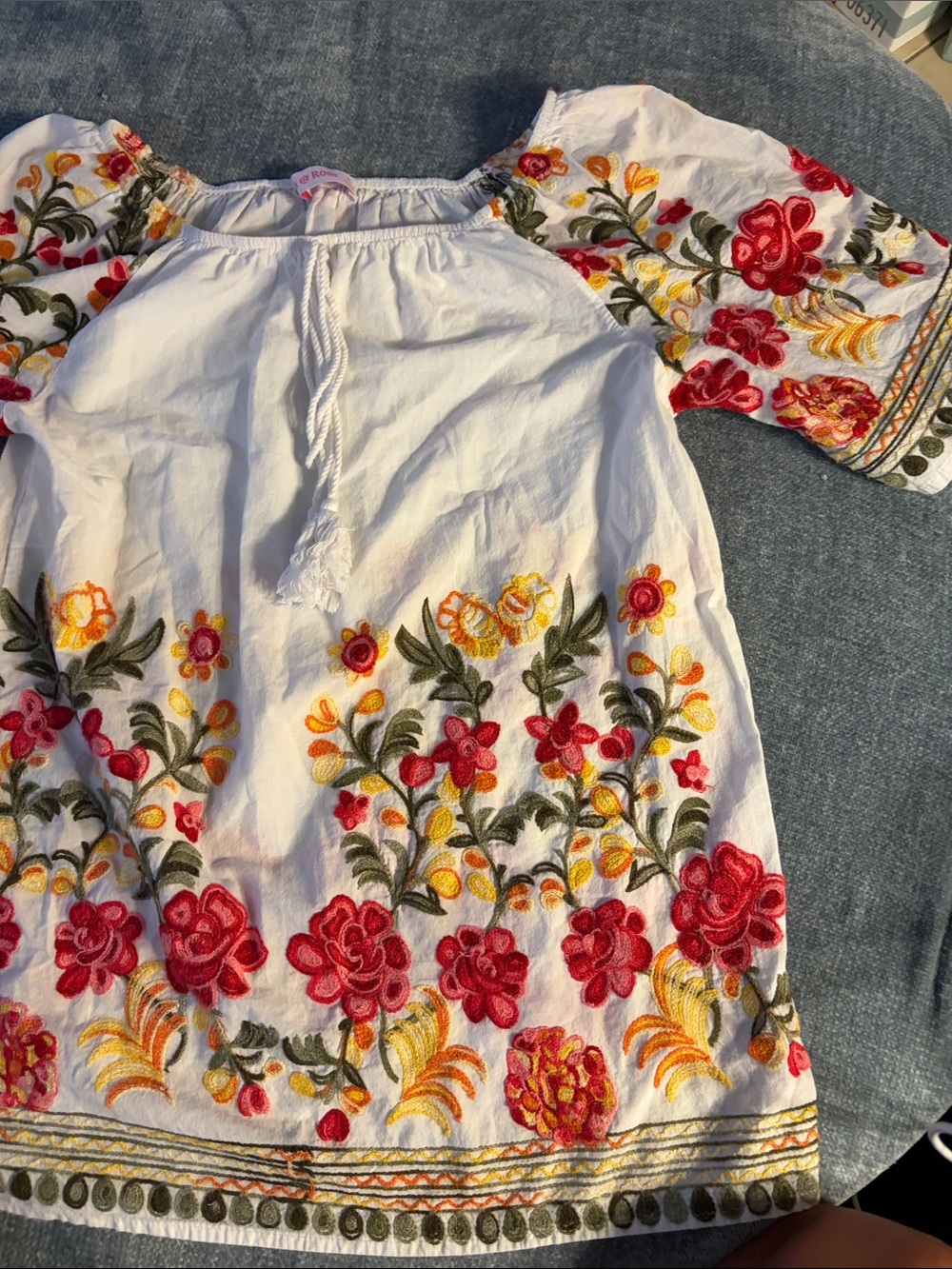 Embroidered White Peasant Blouse with Red & Yellow Floral Accents